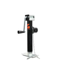 Heavy Duty Weld On Side Wind Trailer Jack With 5000 Lb Capacity And Adjustable Drop Leg For Rv Camper Utility Trailer Stabilization No Sweat Cranking Action, black steel jack with hand-crank.