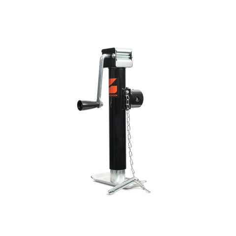 Heavy Duty Weld On Side Wind Trailer Jack With 5000 Lb Capacity And Adjustable Drop Leg For Rv Camper Utility Trailer Stabilization No Sweat Cranking Action, black steel jack with hand-crank.