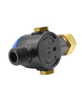 Water Inlet Filter 3/4 Inch Female NH To 1/2 Inch MNPT Blue For High Pressure Cleaners, black and brass components, front view.