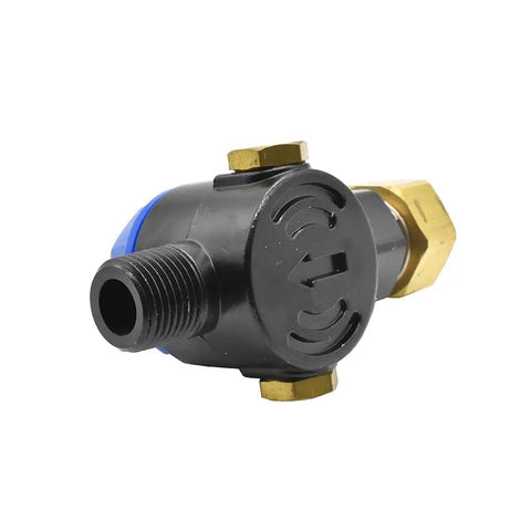 Water Inlet Filter 3/4 Inch Female NH To 1/2 Inch MNPT Blue For High Pressure Cleaners, black and brass components, front view.