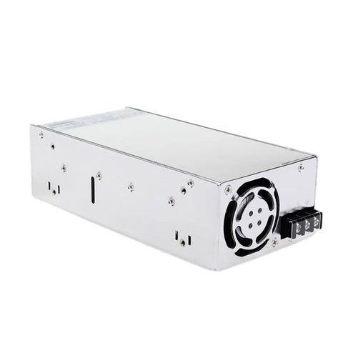 Powerhouse 1000W 24V 42A AC DC Switching Power Supply With Single Output HRPG-1000-24, PFC Enabled, side view with cooling fan