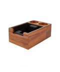 Heavy Duty Wooden Espresso Knock Box With 58mm Tamper Base Zero Hassle Setup, featuring dual slots and durable wood designed for cafes.