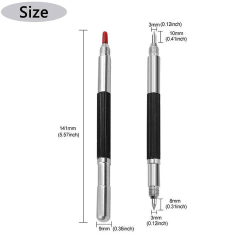 Kickass Rugged Double Tip Tungsten Carbide Scriber Set Precision Marking Pen size details with measurements and dual tips.