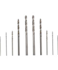 Assorted sizes of the 50 Piece Drill Bit Set For Wood Plastic Aluminum And Steel With PCB Shank Kit displayed in a row.