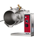 Restaurant Grade Countertop Tilting Steam Kettle 6 Gallon Capacity Built Like A Tank For Busy Commercial Kitchens Handles Massive Batches Without Breaking A Sweat Durable Stainless Steel Construction, side angle view.