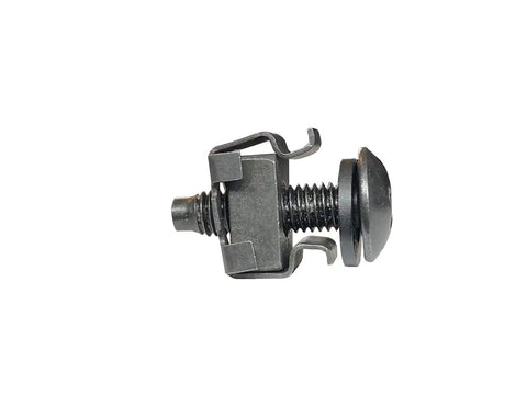 Top Shelf 10-32 Black Oxide Cage Nuts And Hex Screws With Flat Washers 25 Pack Snap In Rack Hardware, black screw with clip detail.
