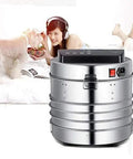 Kid You Not This Heavy Duty Stainless Steel Food Dehydrator on a white couch with a woman and dog, showcasing stackable trays and digital timer.