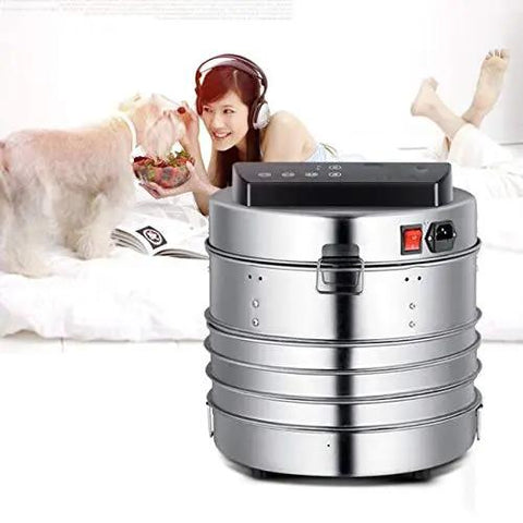 Kid You Not This Heavy Duty Stainless Steel Food Dehydrator on a white couch with a woman and dog, showcasing stackable trays and digital timer.