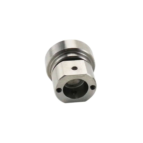 Stainless steel damping hinge rocker arm joint bracket, close-up view with central bore and mounting holes.