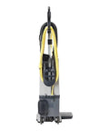 Heavy Duty Bagged Upright Vacuum Cleaner With Dual Motor Suction And HEPA Media Filtration Commercial Grade Corded Pick Up With On Board Tools, side view with hose and cord.