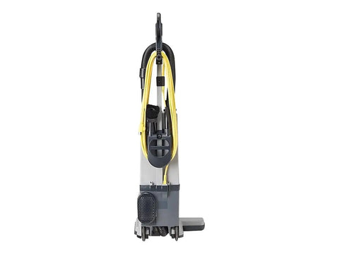 Heavy Duty Bagged Upright Vacuum Cleaner With Dual Motor Suction And HEPA Media Filtration Commercial Grade Corded Pick Up With On Board Tools, side view with hose and cord.