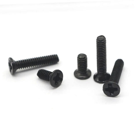 Kickass Miniature Screw Set Countersunk Flat Head Screws In Slick Storage Case For Glasses Repair Watch Fixing And Handyman DIY Jobs Top Shelf Hardware Assortment black flat head screws, various sizes.