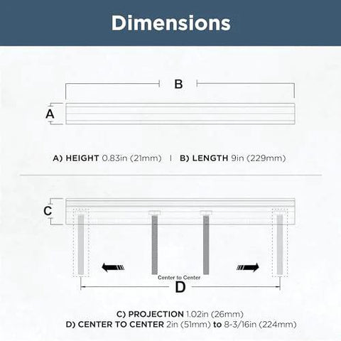 Dimensions of 5 Pack Adjustable Drawer Pulls in Champagne Bronze showing height, length, and center-to-center measurements.