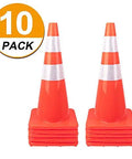 10 Pack 28 Inch Traffic Cones Set Heavy Duty PVC Safety Road Parking Cones For Traffic Control Fluorescent Orange With Weighted Base Reflective Strips 4 Inch And 6 Inch Ideal For Construction And Roadwork, shown stacked in two columns with reflective stripes prominently visible.
