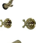 Magellan Tub And Shower Faucet In Antique Brass, Wall Mount With Dual Cross Handles, Solid Brass Construction, Washerless Cartridge