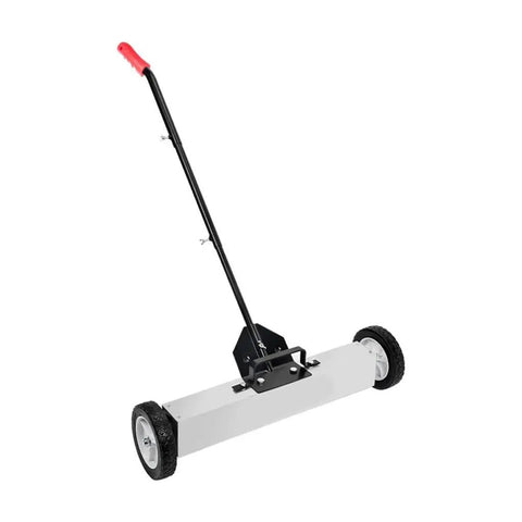Heavy Duty Metal Sweeper Cart For Garage Pickup. 24 Inch Wide Steel Broom With Adjustable Handle. Perfect For Picking Up Nails, Screws And Shop Trash In Automotive Repair Shops Or Workshops. Easy To Use And Efficient.