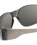 Close-up of Bulk 30 Pack Rimless Safety Glasses Grey Wrap Around Style Ansi Z87 Plus showing smoked lenses and frame details.