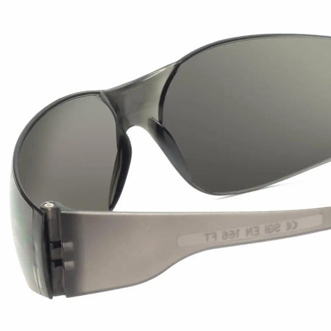 Close-up of Bulk 30 Pack Rimless Safety Glasses Grey Wrap Around Style Ansi Z87 Plus showing smoked lenses and frame details.