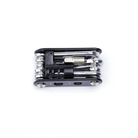 14 In 1 Bike Repair Tool Kit With Under Seat Saddle Bag showing compact multitool with hex keys and chain tool.