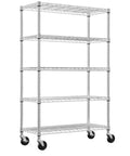 Heavy Duty 5 Tier Wire Shelving Unit With Rolling Caster Wheels Rock Solid Metal Storage Rack adjustable with five shelves.