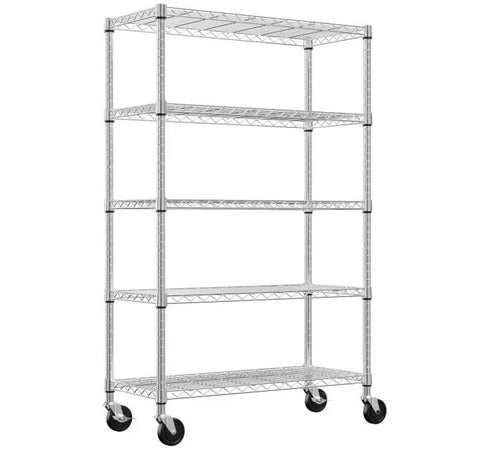 Heavy Duty 5 Tier Wire Shelving Unit With Rolling Caster Wheels Rock Solid Metal Storage Rack adjustable with five shelves.