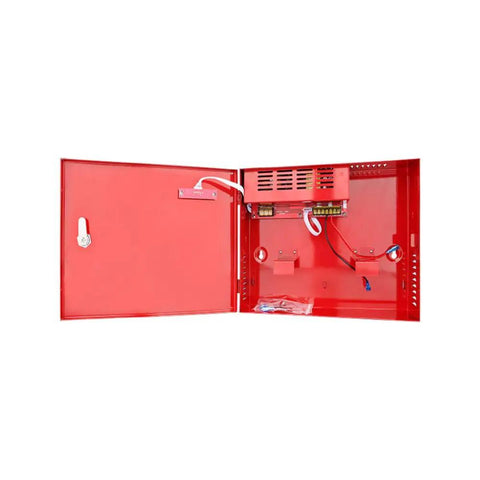 Red 24V 5A 120W fire alarm power supply with uninterruptible backup function battery not included for fire dampers smoke vents indicators.