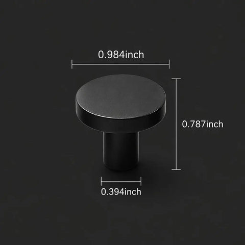 Matte Black Round Cabinet Knobs 2 Pack With Screws, durable alloy construction, measurements shown for size reference.