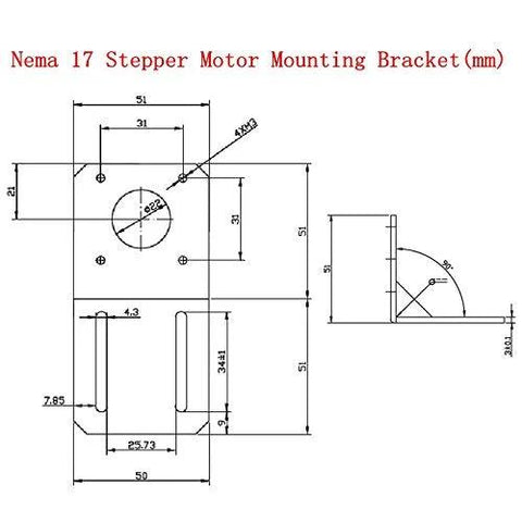 Front view of Anndason Nema 17 stepper motor mounting bracket with M3 screw holes and dimensions.