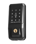 Sleek Matte Black Keyless Entry Door Lock With IC Card Reader And Touchpad Keypad, showing keypad and keyhole detail.