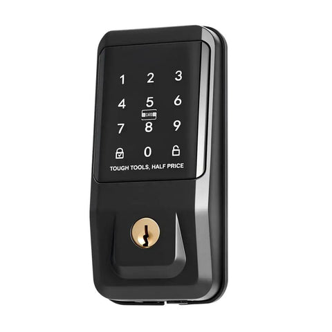 Sleek Matte Black Keyless Entry Door Lock With IC Card Reader And Touchpad Keypad, showing keypad and keyhole detail.