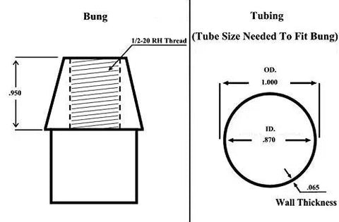 Heavy Hitter Four Link Rod End Kit With Rugged Chromoly Construction Right And Left Hand Threads One Half Bungs Including Cone Spacers And Secure Locking Nuts For Tough Builds dimensions showing bung and tubing specifications.