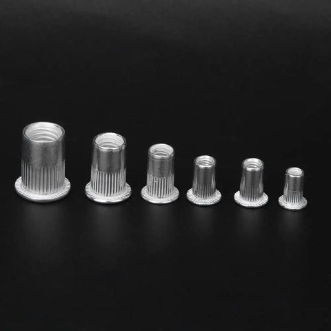 Heavy Duty Aluminum Rivet Nut Kit M3 Through M8 Threaded Inserts in various sizes on black background