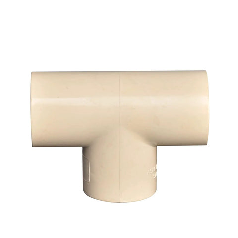 Front view of Ten Pack Three Quarter Inch CPVC Tee Pipe Fittings Slip To Slip Socket To Socket For DIY Home Plumbing Hot And Cold Water System Up To 100 PSI At 180 Degrees F Corrosion Resistant Durable