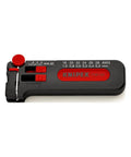 Close-up of Mini Wire Stripping Tool For AWG 18-28, Pro Grade Handheld Wire Stripper with red and black all-metal build.