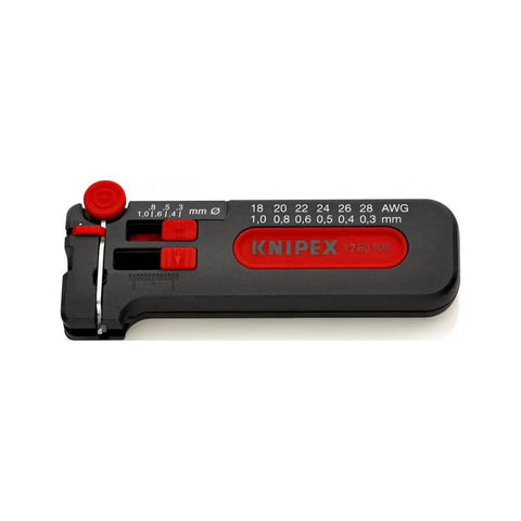 Close-up of Mini Wire Stripping Tool For AWG 18-28, Pro Grade Handheld Wire Stripper with red and black all-metal build.