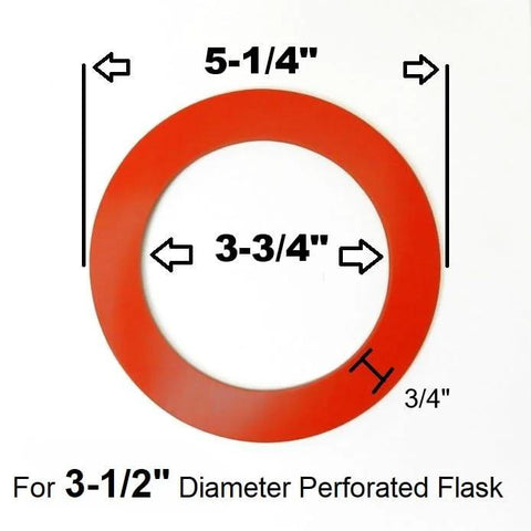 Red silicone rubber and graphite gasket ring for 3-1/2 in perforated flask; outer diameter 5-1/4 in, 3/4 in thick