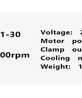 Label showing model LST100-3.0/R2.1-30, 3kW power, 24000 RPM, water/oil cooled, 13kg weight, 100mm clamp, 220V, 8A, 4 poles.