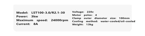Label showing model LST100-3.0/R2.1-30, 3kW power, 24000 RPM, water/oil cooled, 13kg weight, 100mm clamp, 220V, 8A, 4 poles.