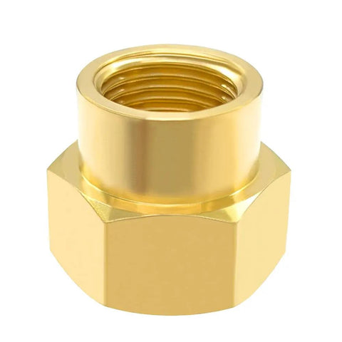 Front view of Brass Reducer Pipe Fitting Three Quarter Inch NPT Female to One Half Inch NPT Female Reducing Coupling Adapter in 2 Pack