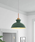 11inch Wood Pendant Light,Retro Wooden Hanging for Kitchen Island, matte green metal shade with wooden detail in modern room.