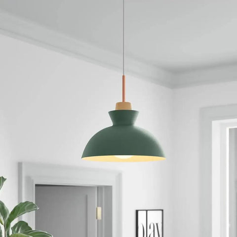 11inch Wood Pendant Light,Retro Wooden Hanging for Kitchen Island, matte green metal shade with wooden detail in modern room.