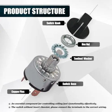 Two Pack Rotary Switch 4 Position 3 Speed Metal Fan Heater Speed Selector Switch with parts labeled