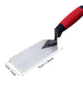 Close-up of a single square notched trowel with red soft grip handle from 5 Piece Square Notched Trowel Set With Pro Grade Stainless Steel Trowels And Margin Flooring Trowel For Masonry And Tiling Soft Grip Handles Includes 3 Square Notched Trowels 1 Margin Trowel And Work Gloves.