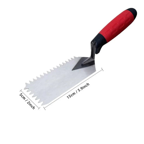 Close-up of a single square notched trowel with red soft grip handle from 5 Piece Square Notched Trowel Set With Pro Grade Stainless Steel Trowels And Margin Flooring Trowel For Masonry And Tiling Soft Grip Handles Includes 3 Square Notched Trowels 1 Margin Trowel And Work Gloves.