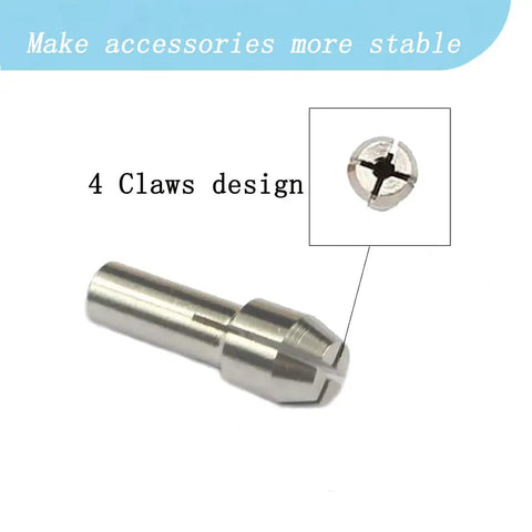 Close-up of Quick Change Rotary Collet Set with 4-claw holder for Dremel tools, stainless steel, highlighting clamping design.