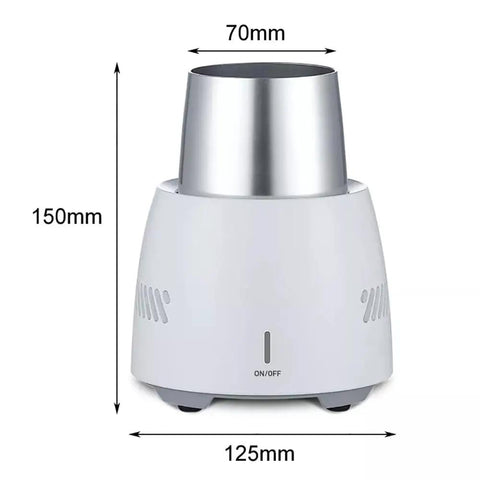 Lightning Quick Electric Cup Cooler Packing Semiconductor Cooling And Smart Touch Interface, dimensions shown, sleek design for chilling drinks.