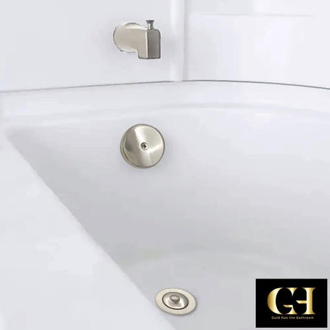Top Shelf Single Hole Bathtub Overflow Drain Cover Plate With Brushed Nickel Finish installed in a modern bathtub.