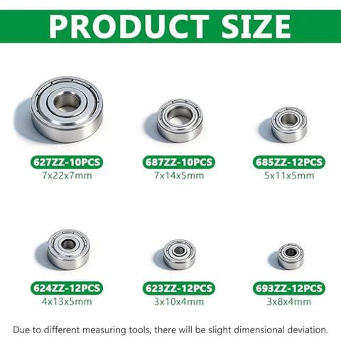 Aienxn 68pc bearing kit: six sizes of carbon steel deep-groove bearings, double shielded.