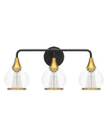 Black And Gold 3 Light Vanity Light Fixture Over Mirror With Clear Glass Shade For Bathroom, 22.4 Inch Wall Sconce