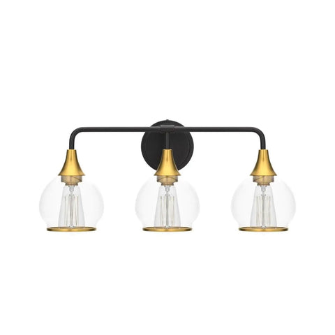 Black And Gold 3 Light Vanity Light Fixture Over Mirror With Clear Glass Shade For Bathroom, 22.4 Inch Wall Sconce
